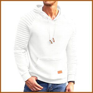 Waffle Knit Hoodie Pullover with Kangaroo Pocket and Drawstring